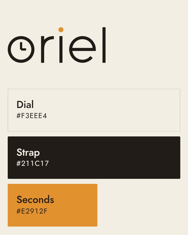 The Oriel brand outline colors screen: the Oriel wordmark in ink with one orange dot, above the three brand colors, Dial, Strap and Seconds.