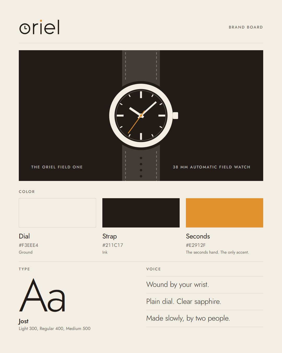 The Oriel brand board: the wordmark, the watch on a dark ground, the three colors and the type.
