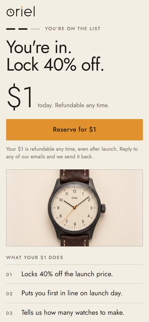 The Oriel reserve screen on a phone. The headline reads You're in. Lock 40% off. Below it are a large $1 and a Reserve for $1 button.