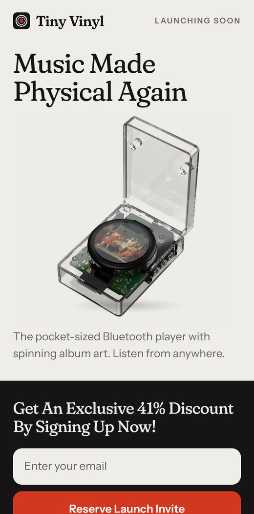 The Tiny Vinyl launch page on a phone: the record mark and wordmark, the line Music Made Physical Again, the clear player with spinning album art, and the Obsidian email band.