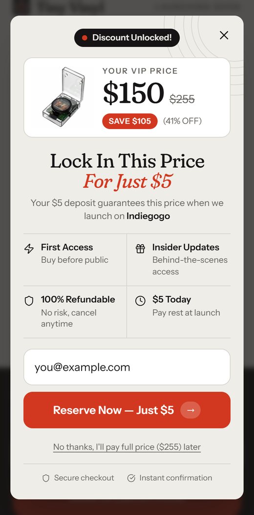 The reservation sheet on a phone: an Obsidian badge with a red dot, the VIP price card, Lock In This Price with For Just $5 in red italic, ruled benefits and the red Reserve Now button.