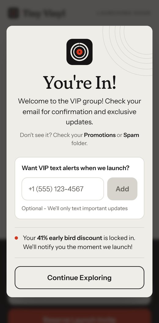 The You're In screen on a phone: the record mark, the headline in Fraunces, a white card for VIP text alerts with a red Add button, and a Continue Exploring line button.