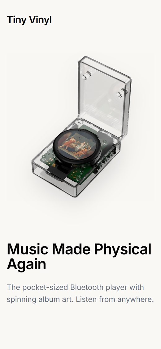 The Tiny Vinyl launch page on a phone. The player sits in its clear case above the headline Music Made Physical Again.