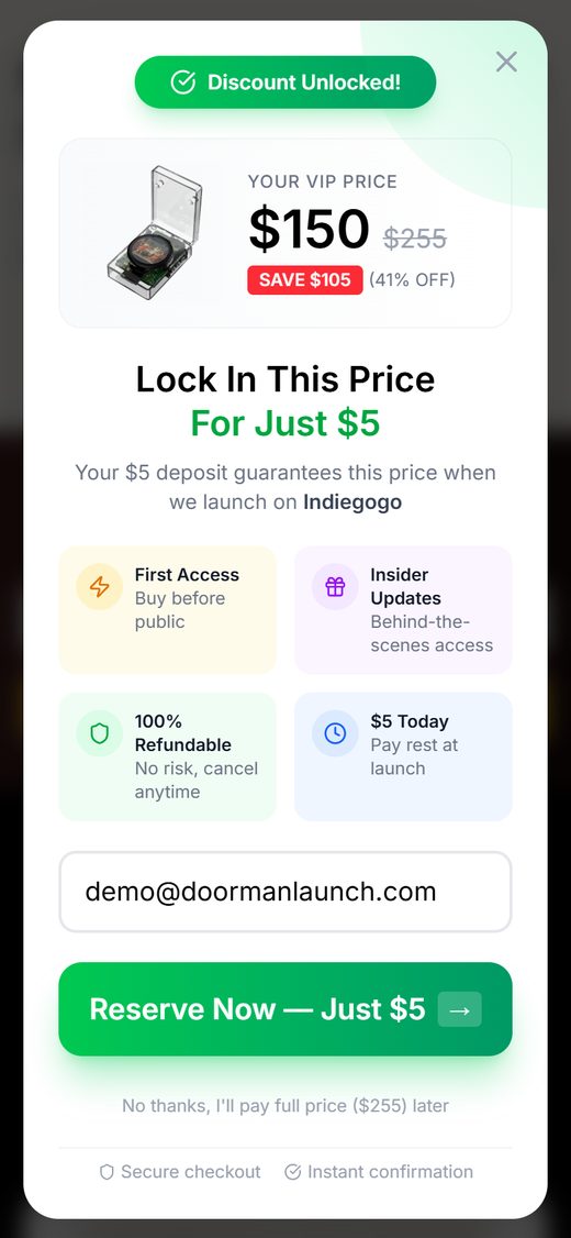 The Tiny Vinyl reservation step on a phone. The VIP price of $150 against $255, the headline Lock In This Price For Just $5 and a green Reserve Now button.