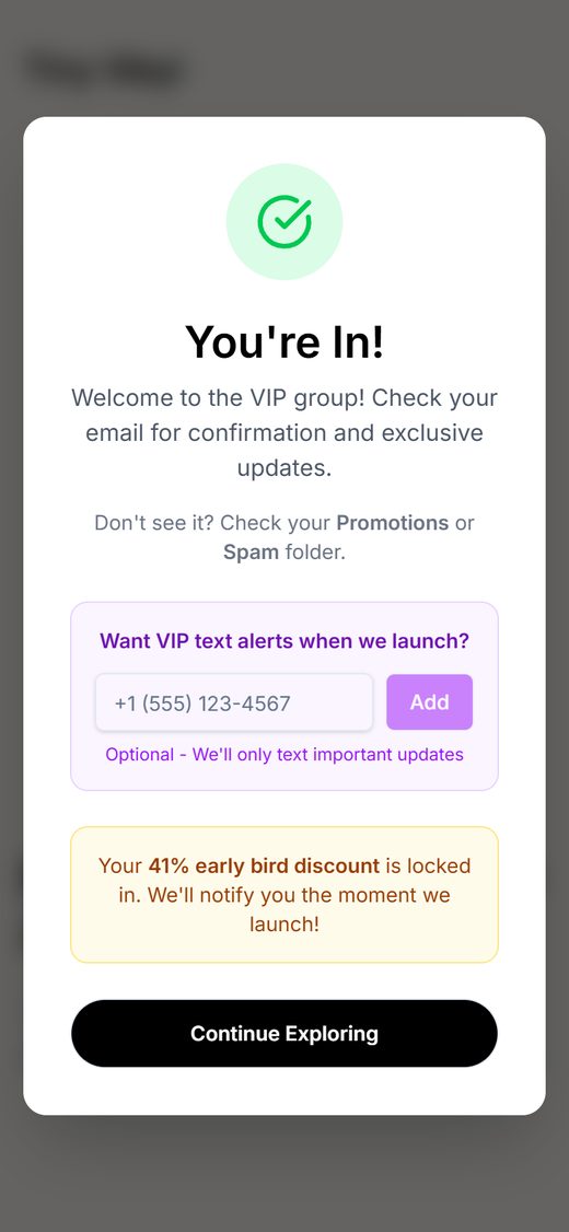 The Tiny Vinyl thank you screen on a phone. The headline reads You're In! Below it is a field for VIP text alerts and the locked in 41% discount.